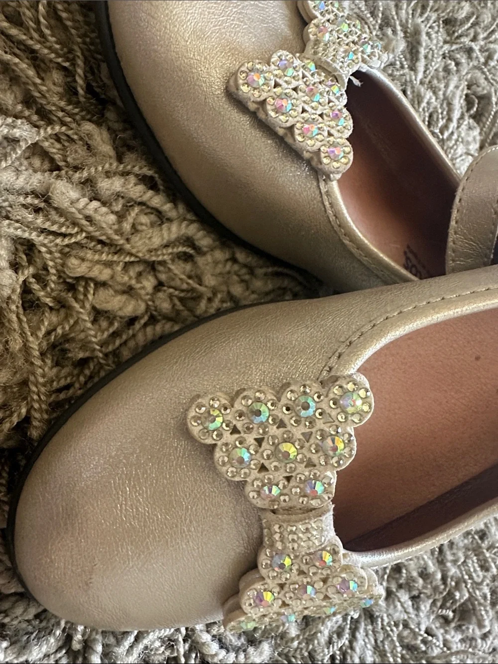 Girls' Gold Mary Janes with Rhinestone Bow